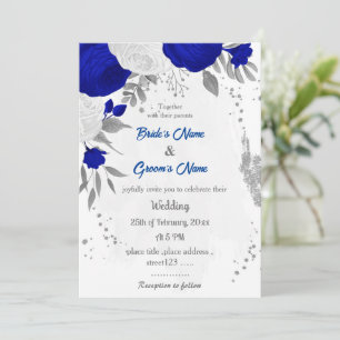 Invitación boda botánico de plata de flores reales azules y b