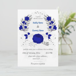 Invitación boda botánico de plata de flores reales azules y b