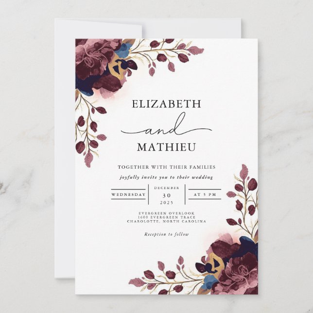 Invitación Boda Botánico de Pluma Profunda Floral (Anverso)