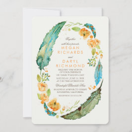 Invitación Boda botánico de plumas florales bohemias verde az