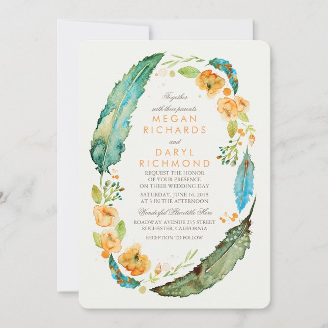 Invitación Boda botánico de plumas florales bohemias verde az (Anverso)