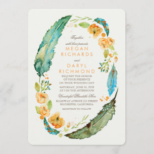 Invitación Boda botánico de plumas florales bohemias verde az