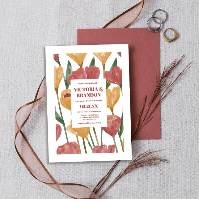 Invitación Boda botánico de primavera de verano mostaza rojo  (Subido por el creador)