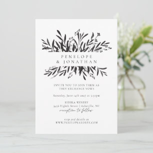 Invitación Boda botánico de tinta blanca y negra minimalista