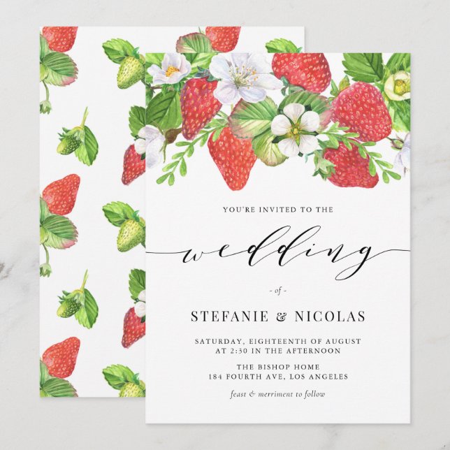 Invitación Boda Botánico de Watercolor Fresa Garland (Anverso / Reverso)