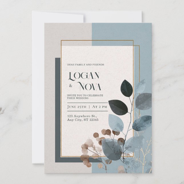 Invitación Boda botánico del follaje de tierra azul suave (Anverso)