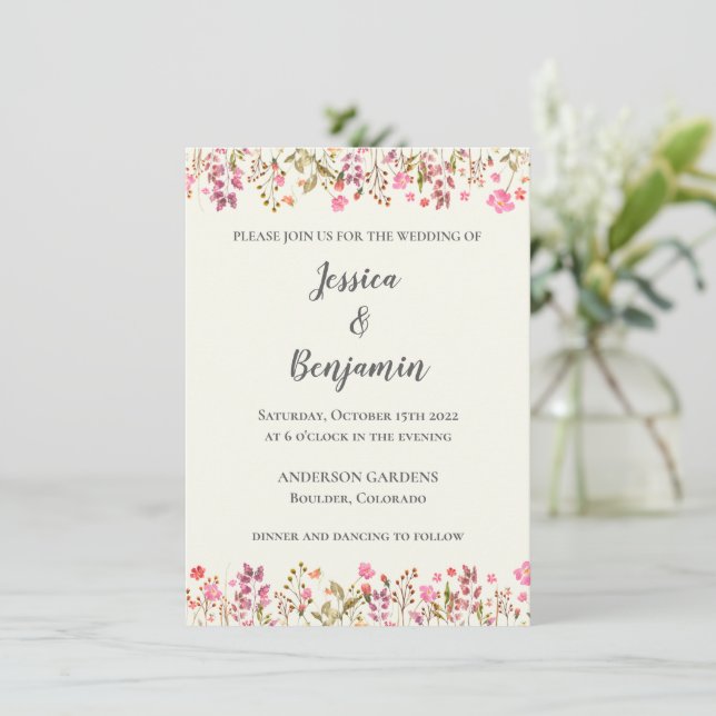 Invitación Boda Botánico del Jardín Rosa Sencillo de Borde Fl (Anverso de pie)