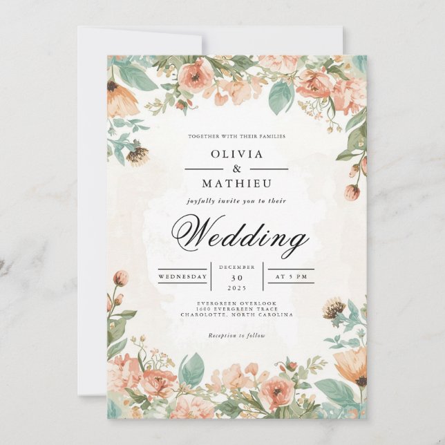 Invitación Boda Botánico Delicate Coral Blossom (Anverso)