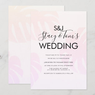 Invitación Boda botánico dibujado a mano de monstera rosa