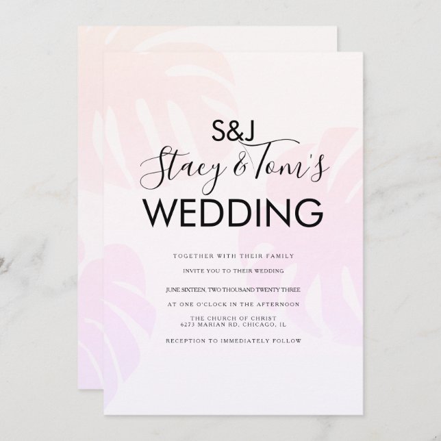 Invitación Boda botánico dibujado a mano de monstera rosa (Anverso / Reverso)