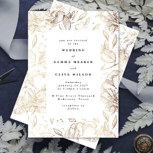 Invitación Boda botánico dibujado con mano blanca elegante