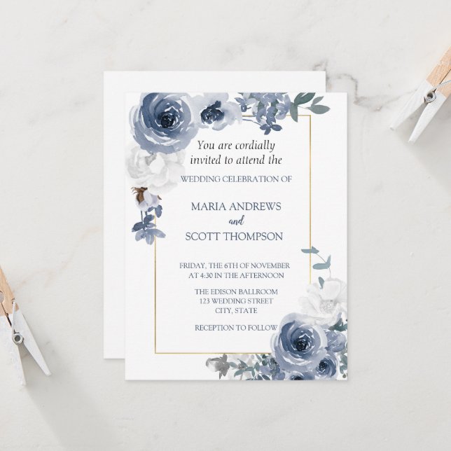 Invitación Boda Botánico Dorado Floral Azul Y Blanco Polvorie (Anverso/Reverso In Situ)