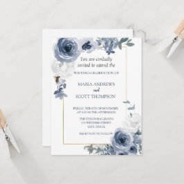 Invitación Boda Botánico Dorado Floral Azul Y Blanco Polvorie