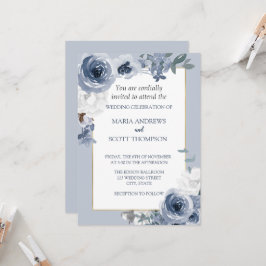 Invitación Boda Botánico Dorado Floral Azul Y Blanco Polvorie