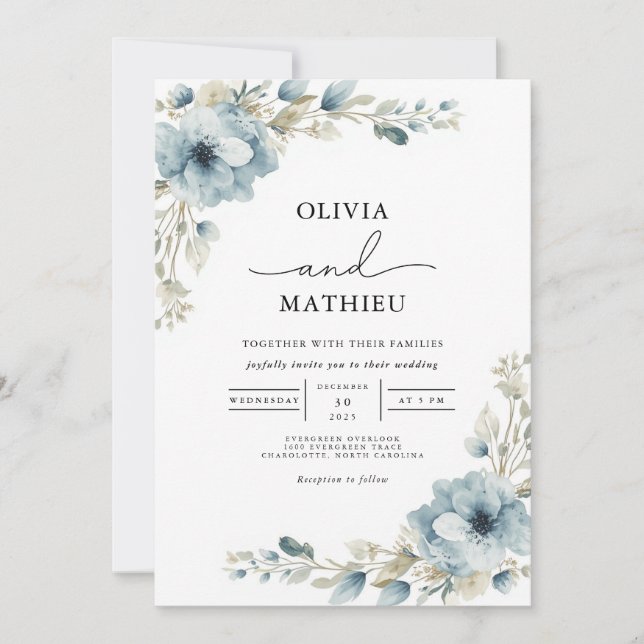 Invitación Boda botánico Dusty Blue Floral (Anverso)