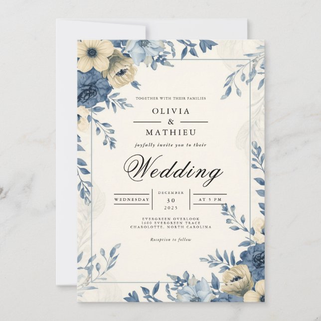 Invitación Boda botánico Dusty Blue Floral (Anverso)