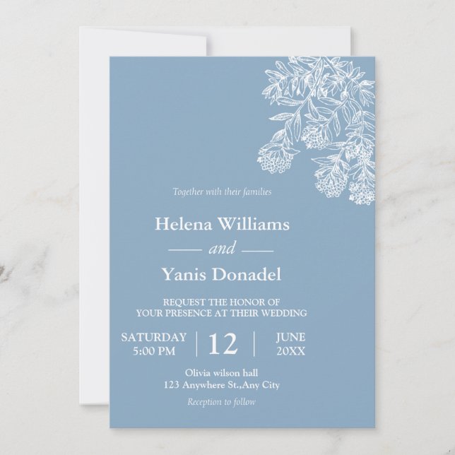Invitación Boda Botánico Dusty Blue Hand Drawn (Anverso)
