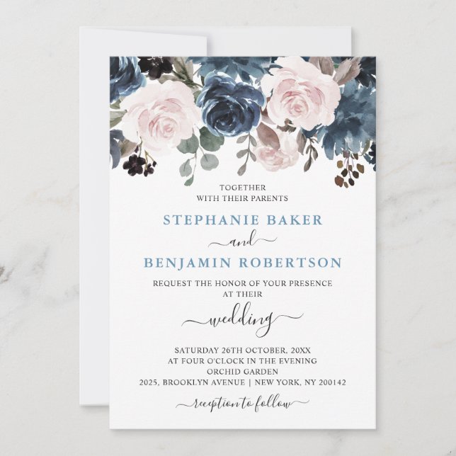 Invitación Boda Botánico Dusty Blue Rubor Pink Floral (Anverso)