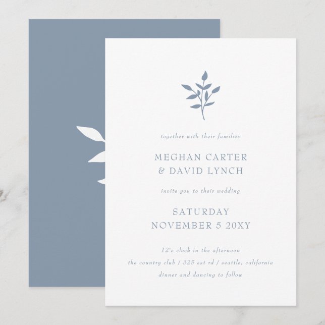 Invitación Boda Botánico Dusty Blue Simple Moderno (Anverso / Reverso)