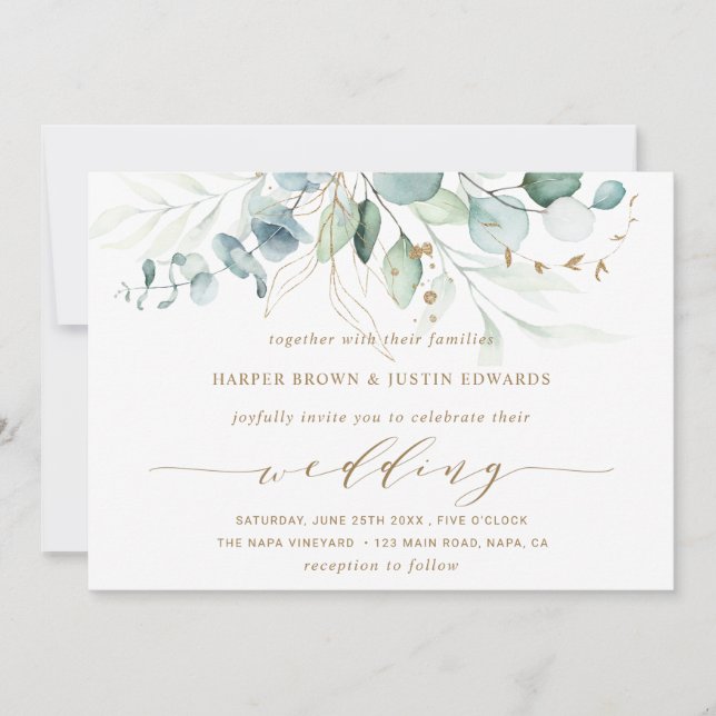 Invitación Boda Botánico Elegante Dorado y Verde (Anverso)