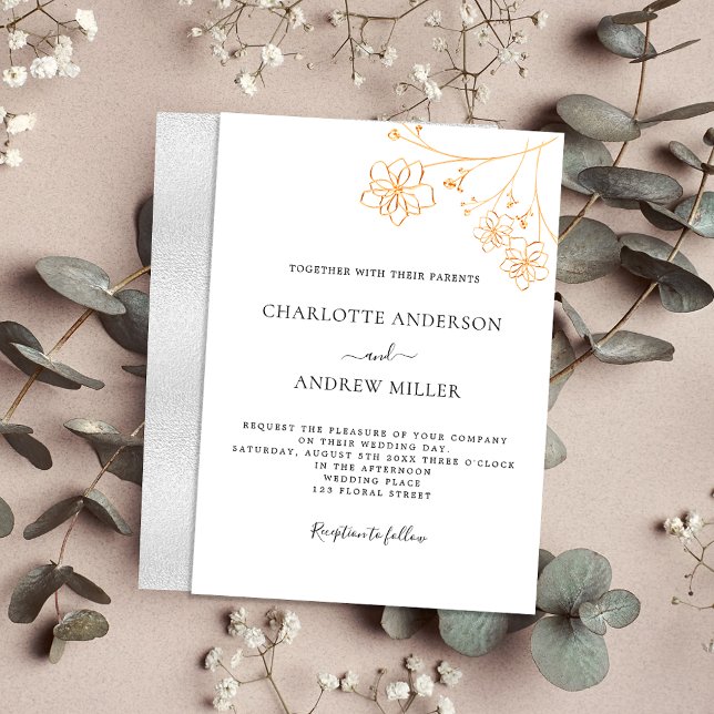 Invitación Boda botánico elegante floral de plata dorada blan (Subido por el creador)