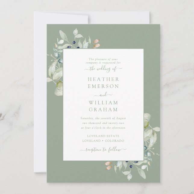 Invitación Boda Botánico Elegante Sage Green (Anverso)