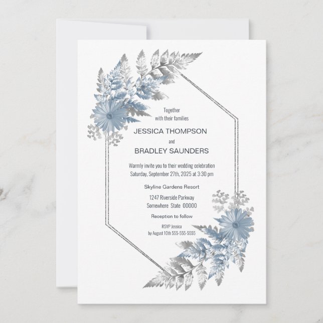 Invitación Boda Botánico Elegante y Azul Dusty (Anverso)