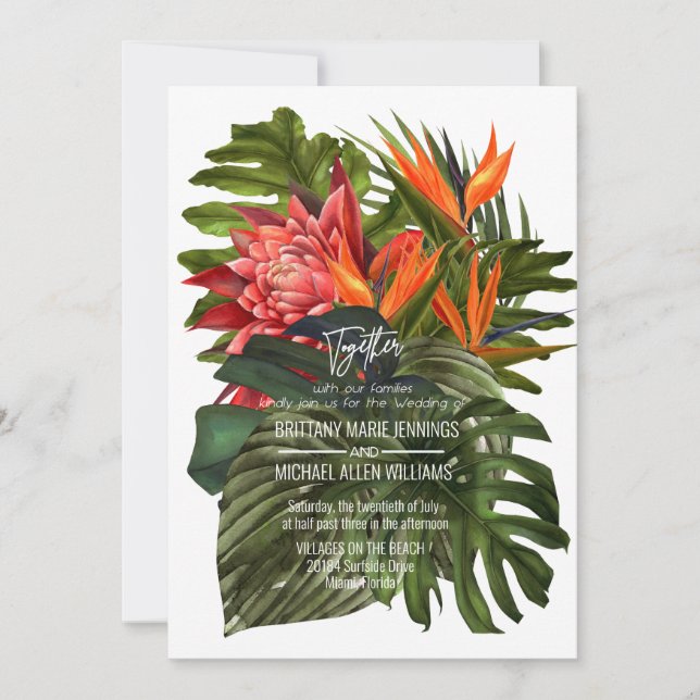 Invitación Boda Botánico Exuberante de Brisa Tropical (Anverso)