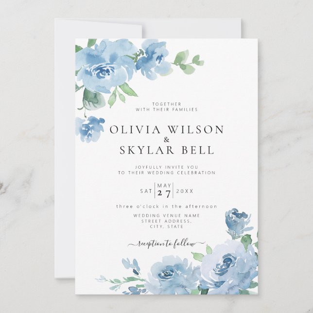 Invitación Boda Botánico Floral Azul Claro Pastel (Anverso)