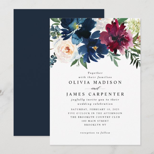 Invitación Boda Botánico Floral Azul de Borgoña de Marina Mod (Anverso / Reverso)