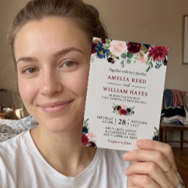 Invitación Boda botánico floral azul de la Marina de Rubor de