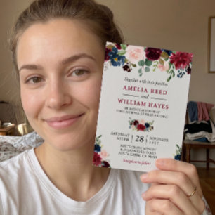 Invitación Boda botánico floral azul de la Marina de Rubor de