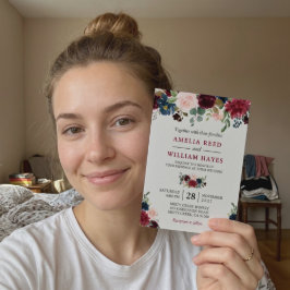 Invitación Boda botánico floral azul de la Marina de Rubor de