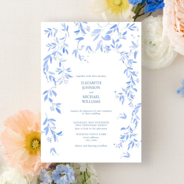 Invitación Boda botánico floral azul francés (Subido por el creador)