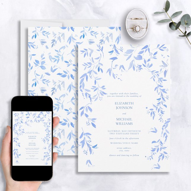 Invitación Boda botánico floral azul francés (Subido por el creador)