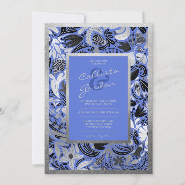 Invitación Boda botánico floral azul plateado moderno (Anverso)