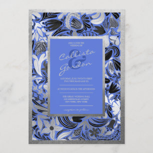Invitación Boda botánico floral azul plateado moderno