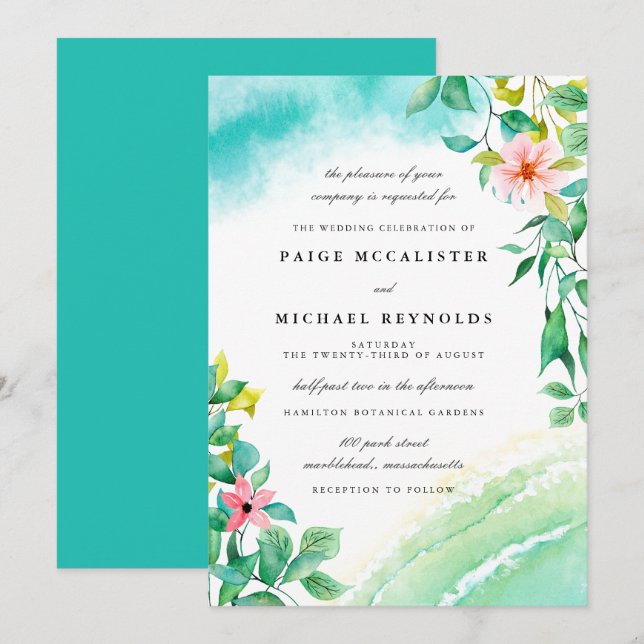 Invitación Boda Botánico Floral Azul Turquesa Rosa (Anverso / Reverso)