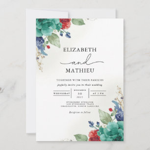Invitación Boda Botánico Floral Azul verde azulado