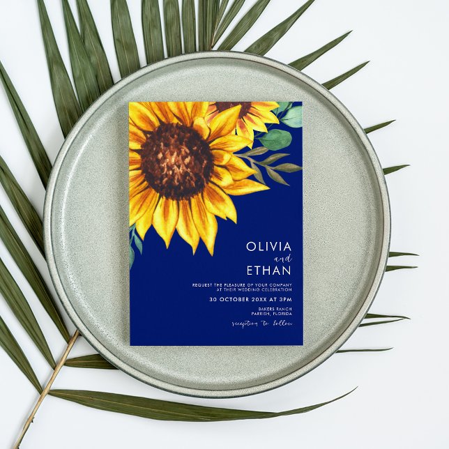 Invitación Boda botánico floral azul y girasol real (Subido por el creador)