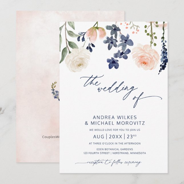 Invitación Boda Botánico Floral Azul y Peach (Anverso / Reverso)