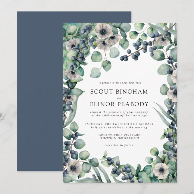 Invitación Boda Botánico Floral Blanca y Berries Boho (Anverso / Reverso)
