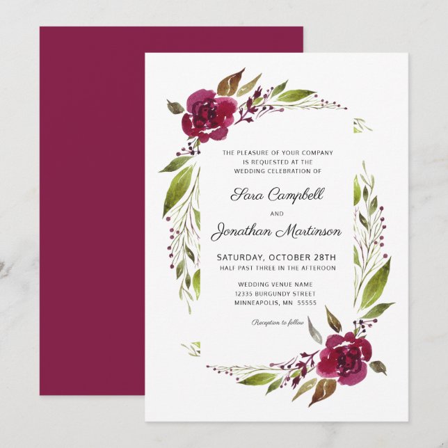 Invitación Boda Botánico Floral de Borgoña (Anverso / Reverso)