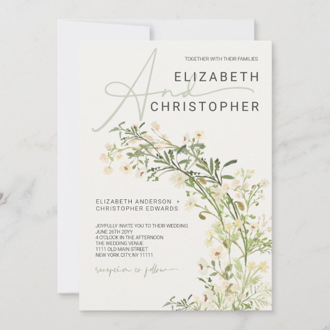 Invitación Boda Botánico Floral de Flores Silvestres de Verdo (Anverso)