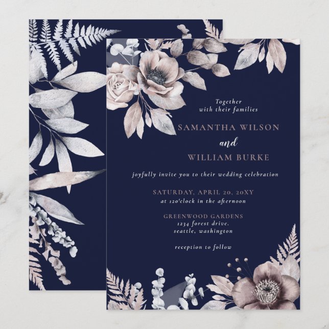 Invitación Boda botánico floral de la Marina Rusa Mauve (Anverso / Reverso)