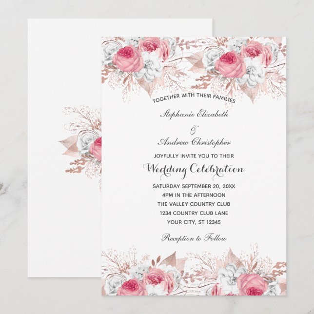 Invitación Boda Botánico Floral de Oro Rosa Blanca Rosa (Anverso / Reverso)