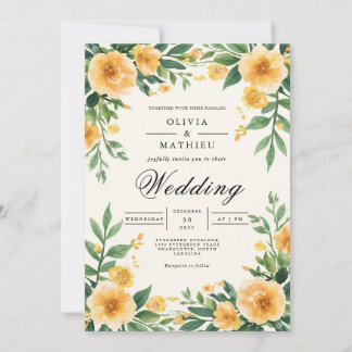 Invitación Boda Botánico Floral Dorado Amarillo