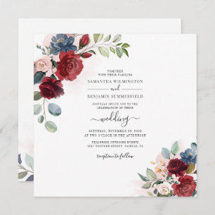 Invitación Boda Botánico Floral Dusty Blue Burgundy