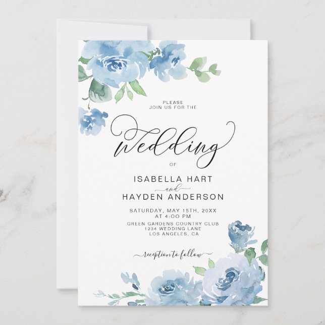 Invitación Boda Botánico Floral Elegante Azul Bebé Luz (Anverso)