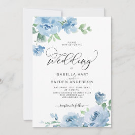 Invitación Boda Botánico Floral Elegante Azul Bebé Luz